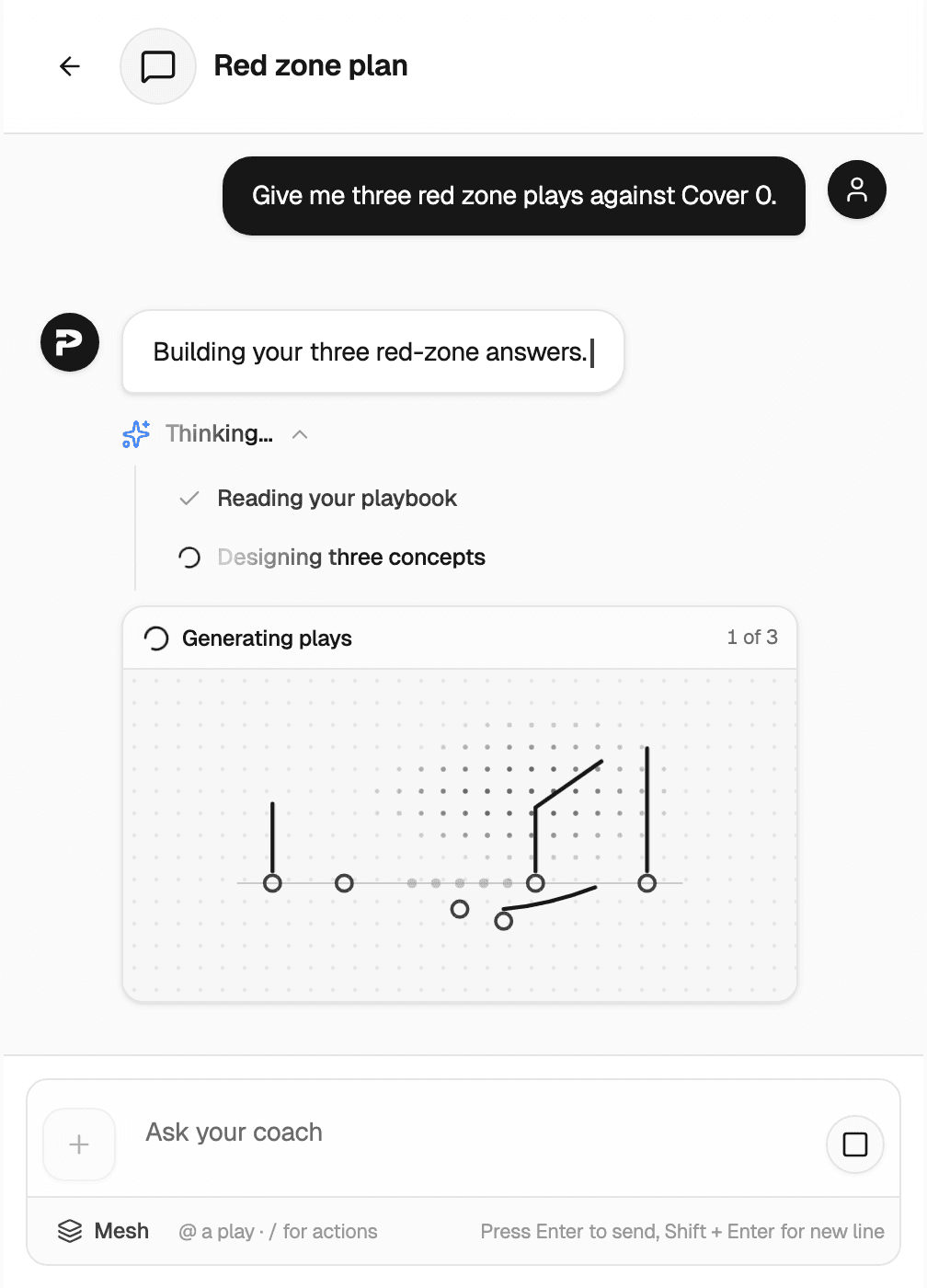 A Playi chat thread: a coach asks for three red zone plays against Cover 0, and Playi reads the playbook and generates the first diagram.