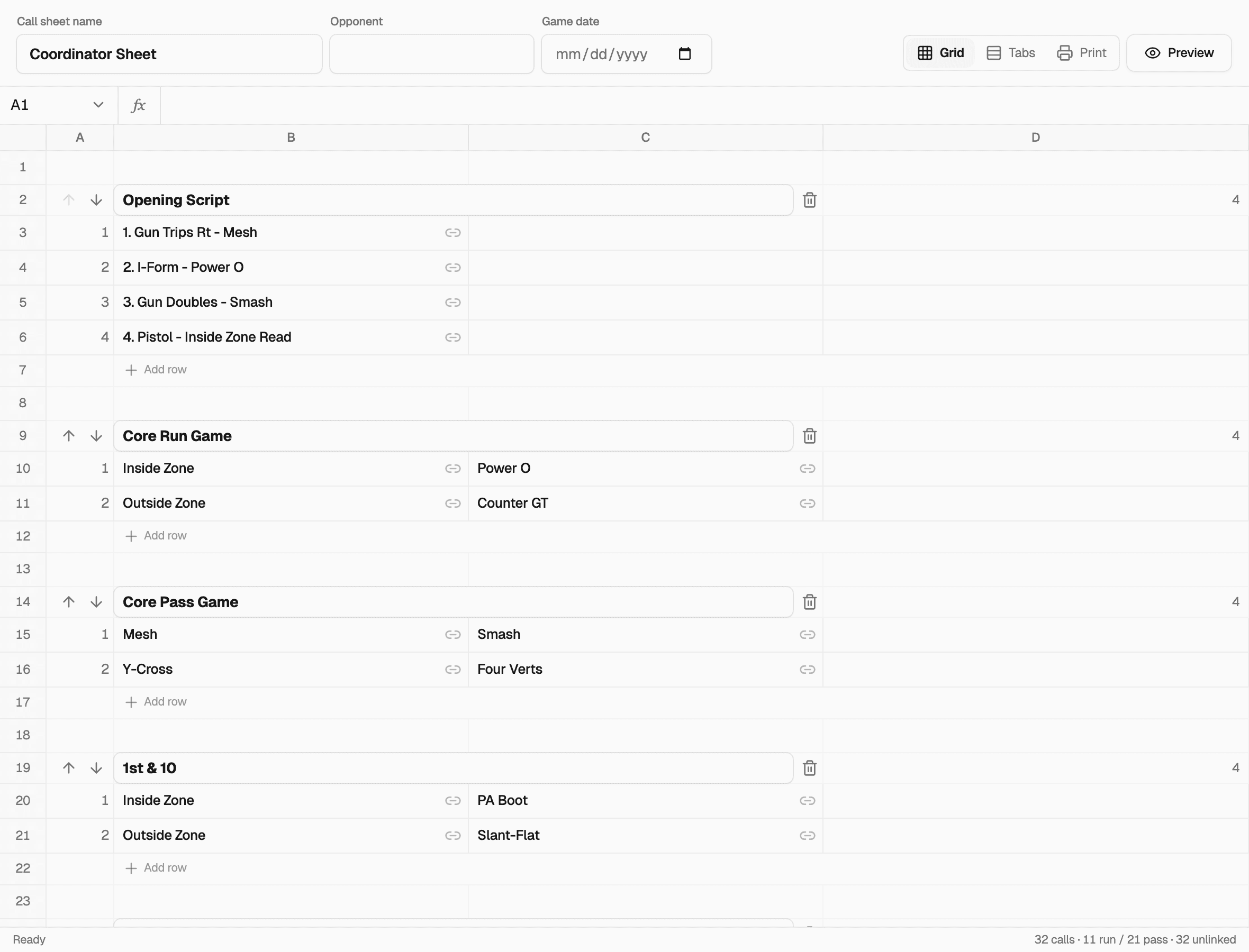 A Playi call sheet in grid view: an opening script of four plays, then Core Run Game, Core Pass Game, and 1st & 10 sections laid out in spreadsheet rows.
