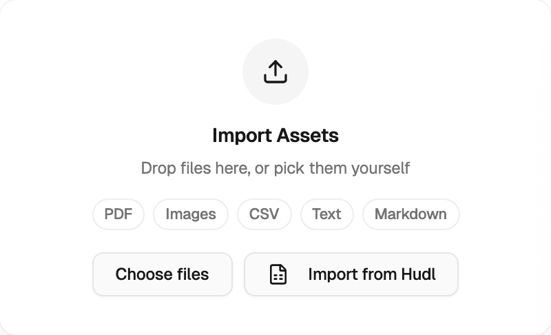 The Playi import panel accepting Hudl exports, PDF, images, CSV, text, or Markdown, with buttons to choose files or import from Hudl.