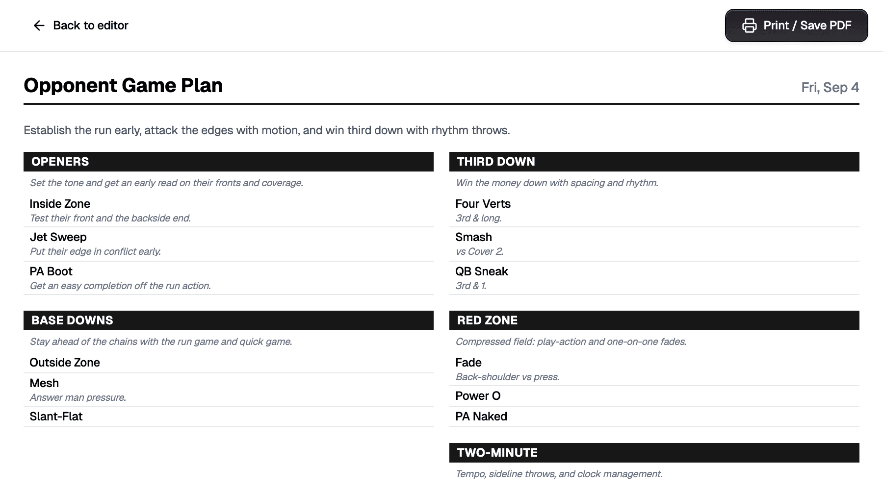 A Playi game plan for an opponent: Openers, Base Downs, Third Down, Red Zone, and Two-Minute sections, each listing plays with a note on when to call them.