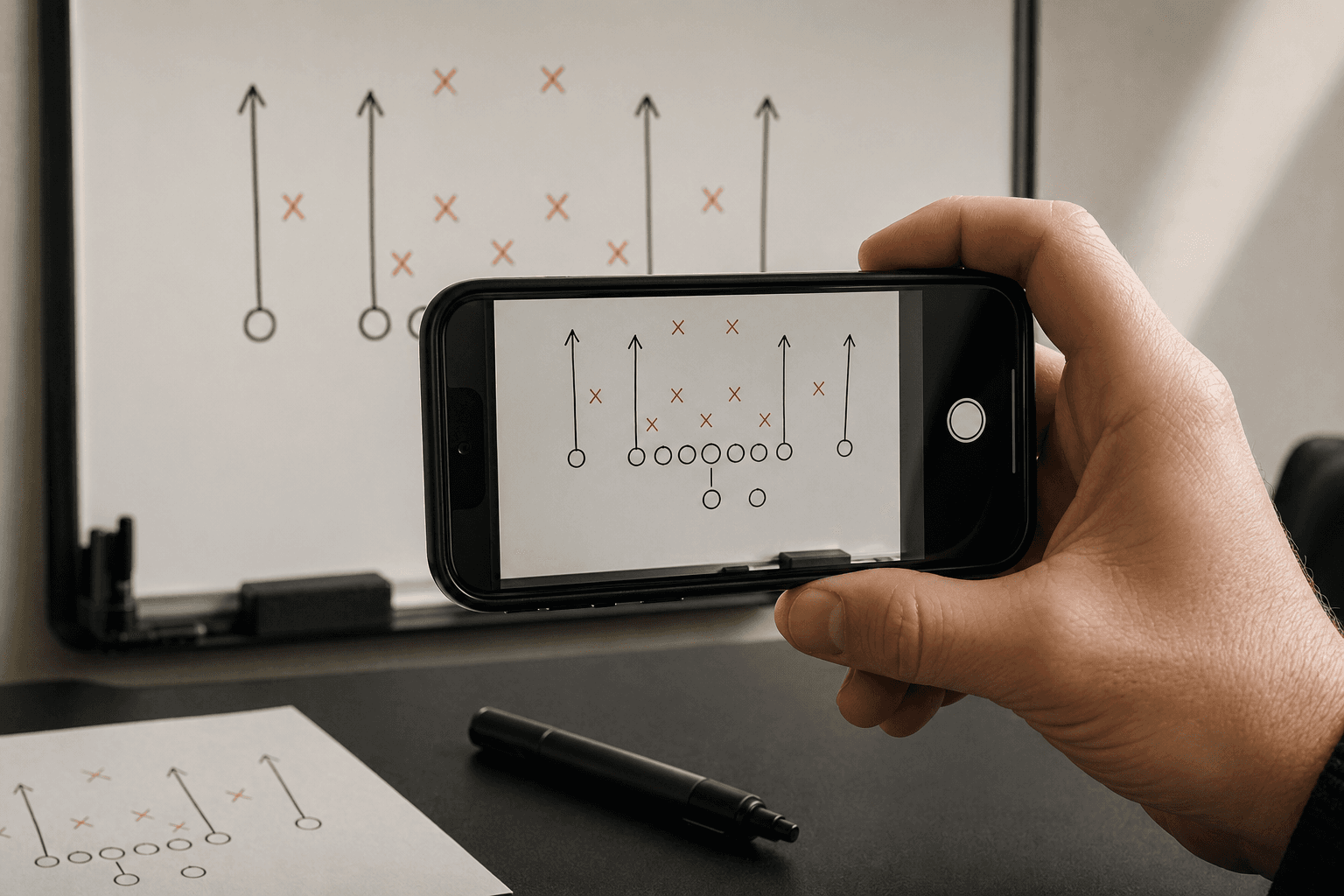 Coach using a phone to capture a play diagram from a whiteboard
