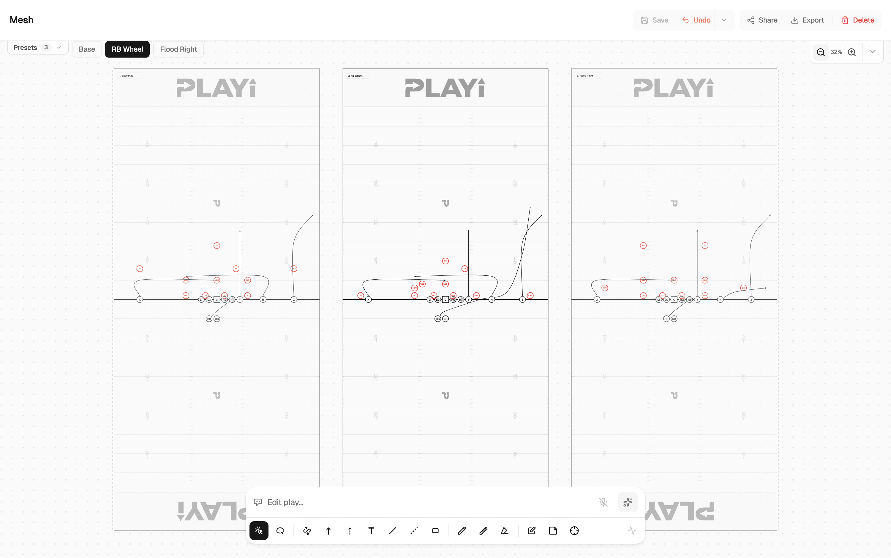 The Playi canvas with three preset variations of the same Mesh concept on their own fields side by side: the base play against Cover 3, an RB Wheel tagged to Cover 0, and a Flood Right tagged to Cover 2.