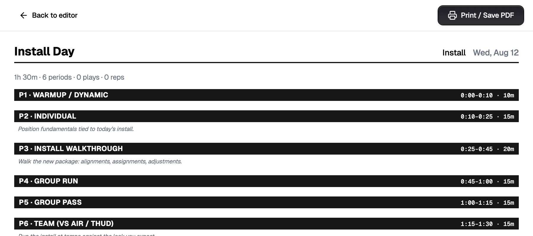A Playi practice plan titled Install Day: six periods from warmup through team, each with its start time, end time, and duration down the right edge.